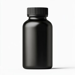 Black matte plastic supplement bottle mockup on a white background, close-up.