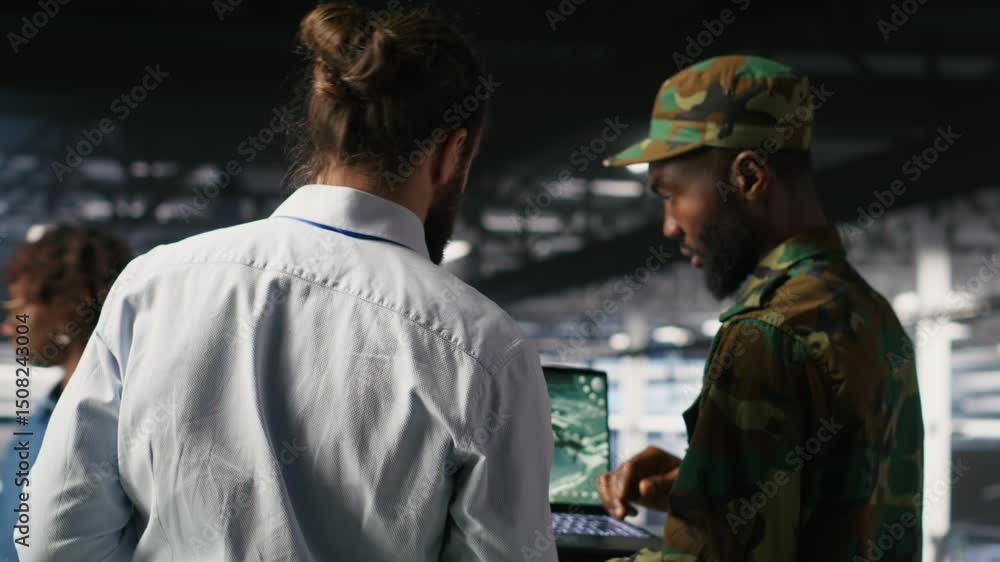 Poster military technician reviewing tactical dashboard on laptop screen inside secure server hub. army exp