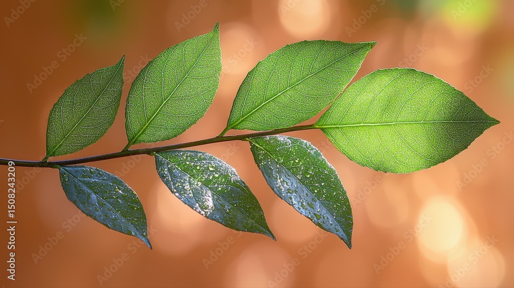 Poster green leaf branch arching upward with soft shadows and warm bokeh background