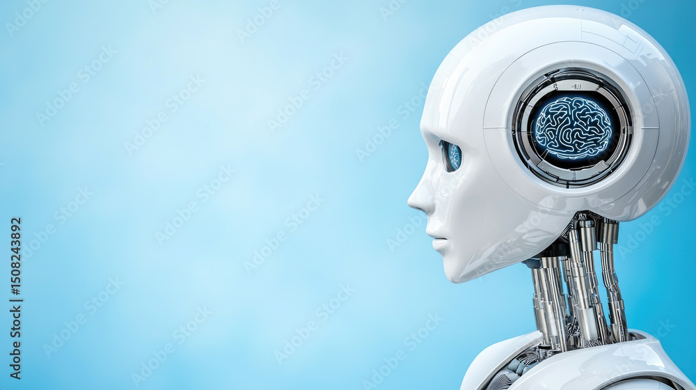 Poster exploring advanced ai technology a futuristic robot head with brain illustration digital art minimal