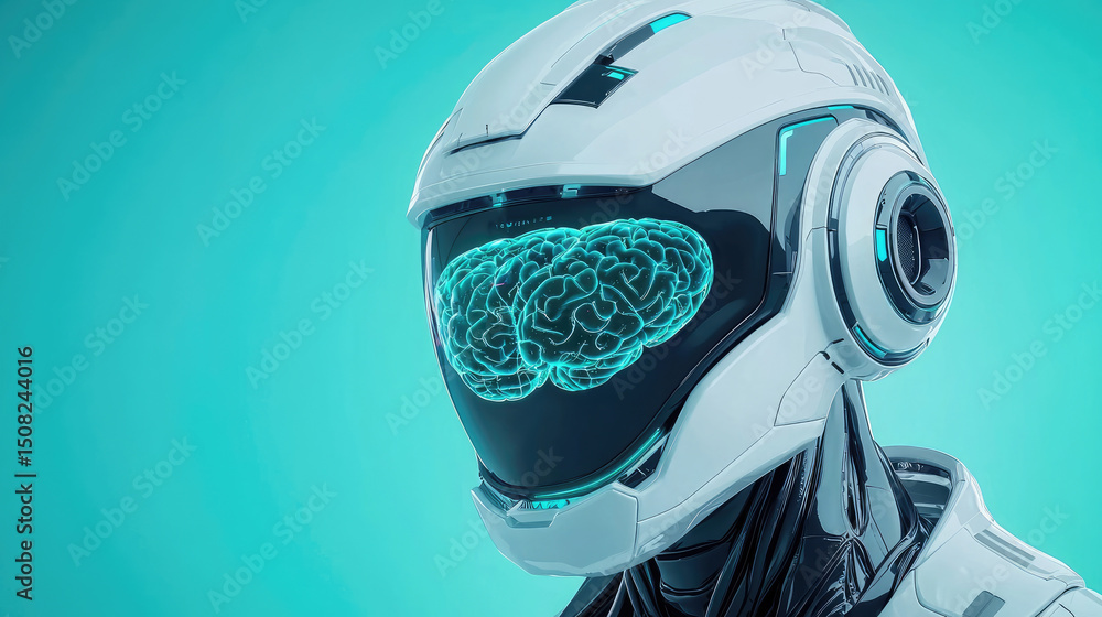 Poster innovative robot design featuring neural network brain futuristic technology lab digital art cyber e