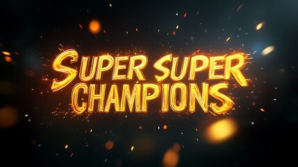 Golden, stylized text of "super super champions" against a dark background.