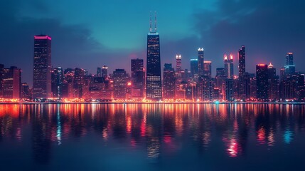 Fototapeta premium Vibrant cityscape reflected in tranquil water at night.