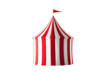 Red and white striped circus tent with flag against black background, cut out