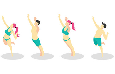 Isometric illustrations pose hitting volleyball on the beach, landing web, flat design, brochure, vector illustration