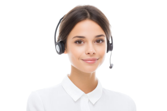 Confident young caucasian female call center agent with headset, cut out