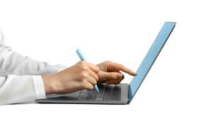 Woman using stylus on laptop screen isolated on a white background
