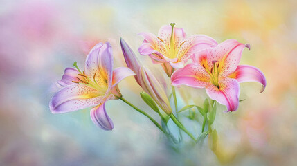 Naklejka premium watercolor botanical Lilly flowers texture template background.Elegant wedding invitation card background . Minimal hand painted Design for wedding or Valentine's Day 