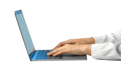 Woman's hands typing on laptop isolated on a white background