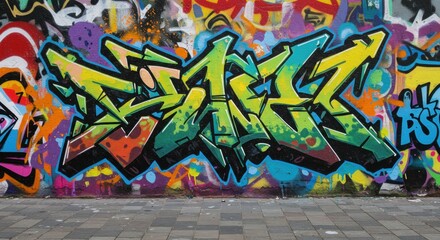 Obraz premium Vibrant urban street art graffiti on colorful wall in city alleyway