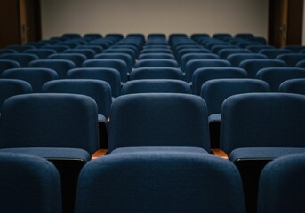 Fototapeta premium Empty auditorium with rows of blue seats in a quiet conference hall