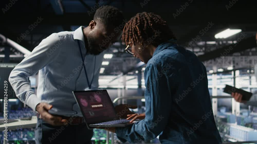 Poster data center programmer panicking after receiving critical error popup on laptop display. server farm