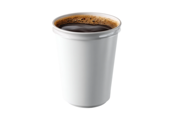 Minimalist white cup filled with fresh black coffee on white background, cut out
