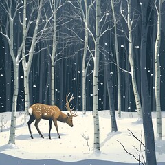 Winter forest scene with a deer.