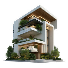 Fototapeta premium Modern multi story building with green rooftop terraces isolated on transparent background