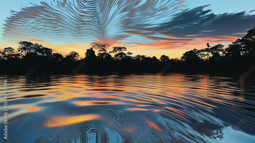 Poster water reflects sunset sky with trees in silhouette creating abstract patterns.