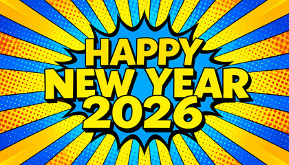 Colourful pop art style illustration with bold yellow and blue comic burst background, halftone dots, and dynamic rays. In the centre, large 3D-style yellow text reads 'Happy New Year 2026'.