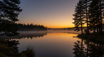 Fototapeta premium Serene Sunrise over Misty Lake with Silhouetted Pines and Reflections