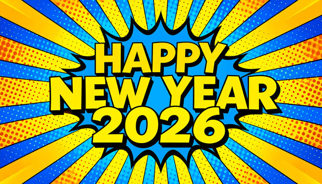 Colourful pop art style illustration with bold yellow and blue comic burst background, halftone dots, and dynamic rays. In the centre, large 3D-style yellow text reads 'Happy New Year 2026'.