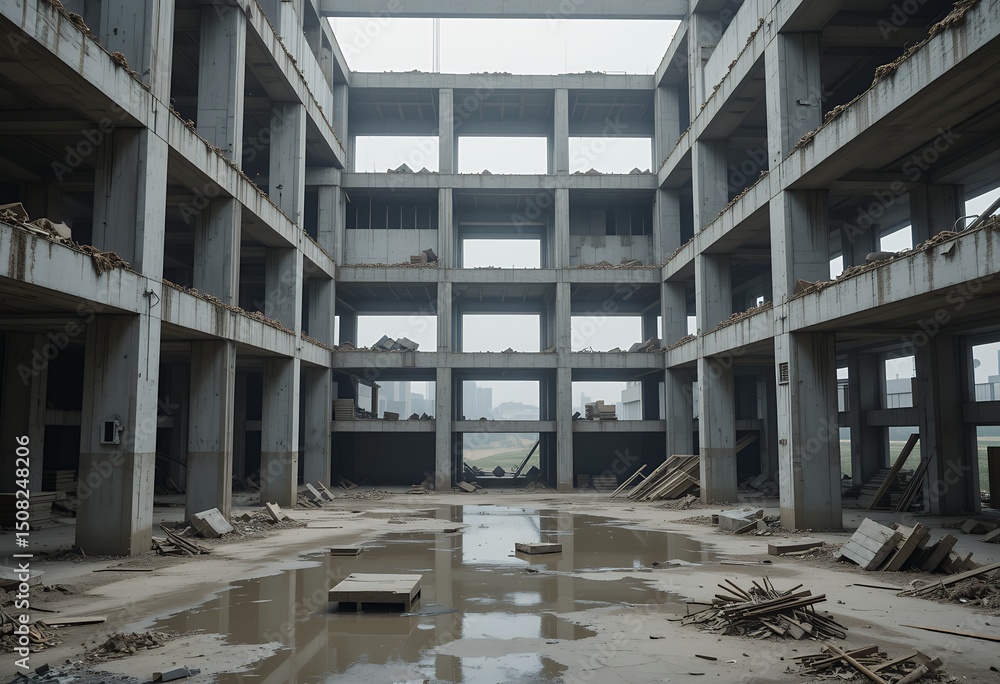 Poster abandoned concrete building structure under construction with puddles on the floor and exposed frame