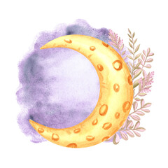 Yellow crescent moon with violet flowers in night sky watercolor isolated illustration for kids design. Cute hand drawn midnight luna of fairy dreams. Decoration element for nursery or baby products.