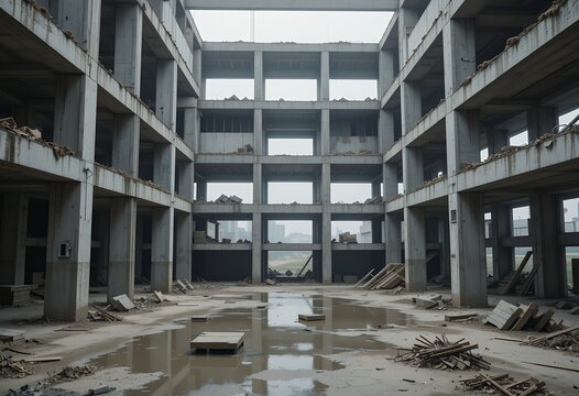 abandoned concrete building structure under construction with puddles on the floor and exposed framework