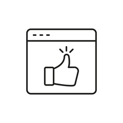 Thumbs Up In Browser Window Line Icon. Online Approval, Social Media Engagement, And Positive Feedback Outline Symbol. Digital Communication. Editable Stroke. Isolated Vector Illustration