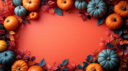 Festive Halloween frame made of pumpkins and vines on vibrant orange background 