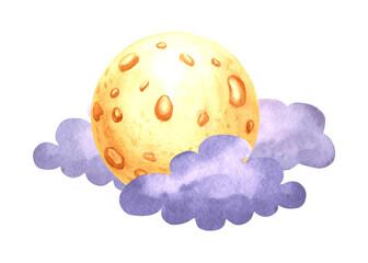 Yellow full moon in soft night clouds watercolor isolated illustration for kids design. Cute hand drawn selestial satellite. Decoration element for nursery or baby textile. Clipart of fairy dreams.
