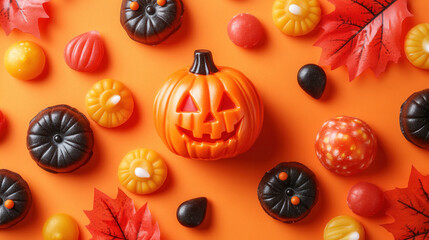 Orange background with rustic pumpkin border in fall harvest and Halloween style