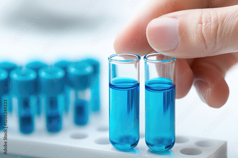 Poster conducting experiments with blue liquid samples in a laboratory setting detailed close-up analysis o