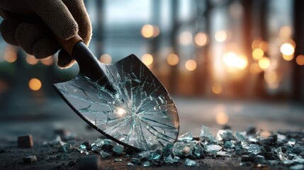 A worker holding a shovel made of glass in a busy construction site. The glass cracks under pressure. Concept of fragility in hard labor.