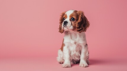 Cavalier King Charles Spaniel Puppy Sitting on Soft Pink Background with Copy Space for Cute Pet and Friendly Dog Concept