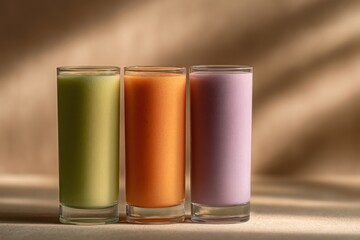 Colorful smoothies in clear glasses arranged on a textured surface during natural light