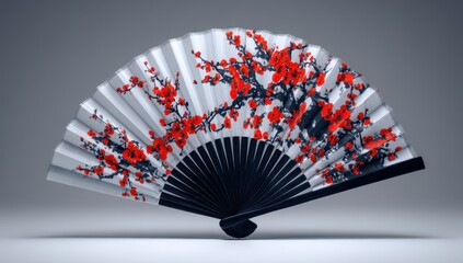 Ornate white fan with red cherry blossoms