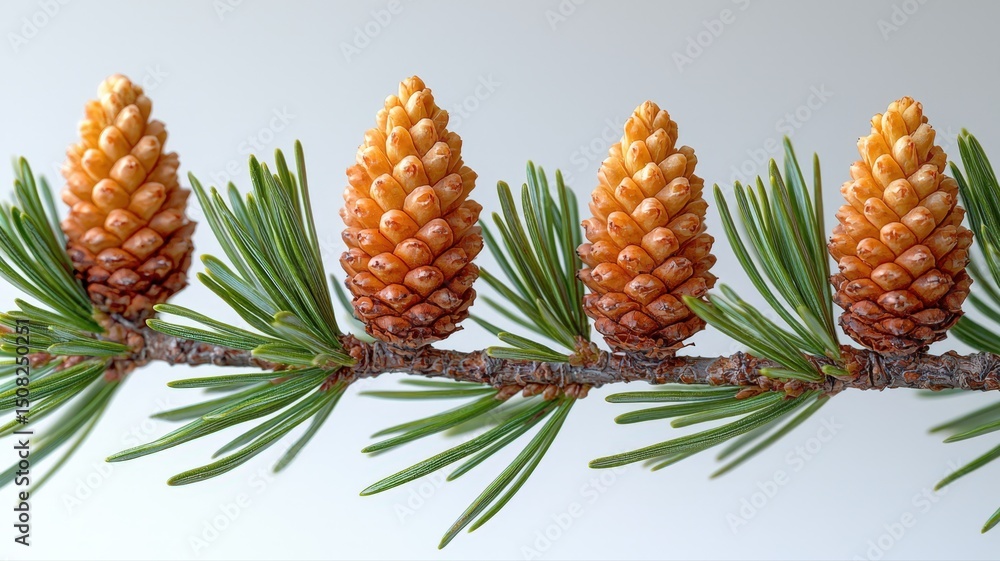 Poster macro botanical composition of a pine branch with multiple cones against a light background