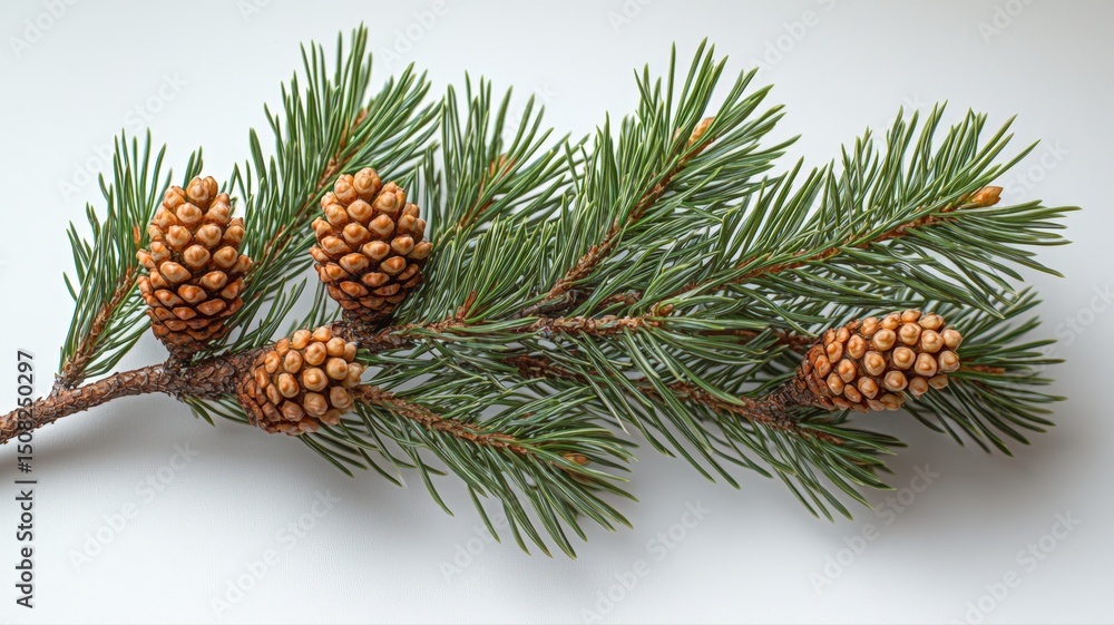 Poster macro botanical composition of a pine branch with cones on a textured background