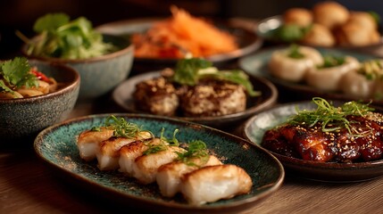 Assorted Asian tapas served in modern style plates