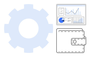 Gear mechanism beside analytics dashboard and wallet symbolizing financial management, data tracking, strategy, automation. Ideal for finance, technology, innovation, operations, optimization