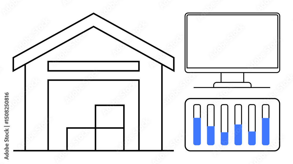 Poster warehouse with stacked boxes, data monitoring screen, and bar graph with blue bars. ideal for logist