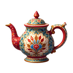 close up Ornate copper teapot with intricate floral engravings, vibrant colors, traditional  design – PNG file isolated on transparent background