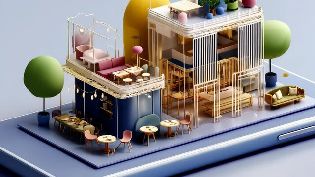Isometric view of a restaurant scene on a smartphone with architectural elements, furniture, plants, and pastel colors