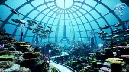 A domed underwater city, teeming with aquatic life and glowing pathways - Powered by Adobe