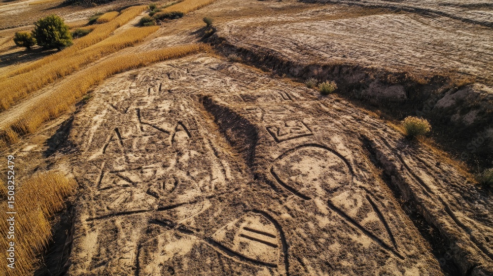 Poster aerial view of a dry field with patterns and tracks in a rural setting.