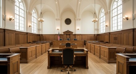 Courtroom interior with empty judge’s bench