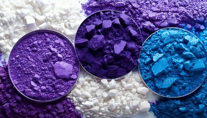 Eyeshadow, powder, makeup, cosmetics — a vibrant panoramic top view showcases crushed purple, blue, and white pigments, beautifully scattered across a clean surface, ideal for beauty themes, product b