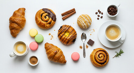 Delicious Pastries Coffee and Macarons Gourmet Breakfast or Brunch Flatlay