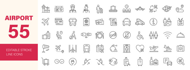 Airport icon set. Containing travel, ticket, passport, plane, transport, luggage, landing, check-in, pilot, stewardess, duty free and more. Editable line icons. Vector illustration.