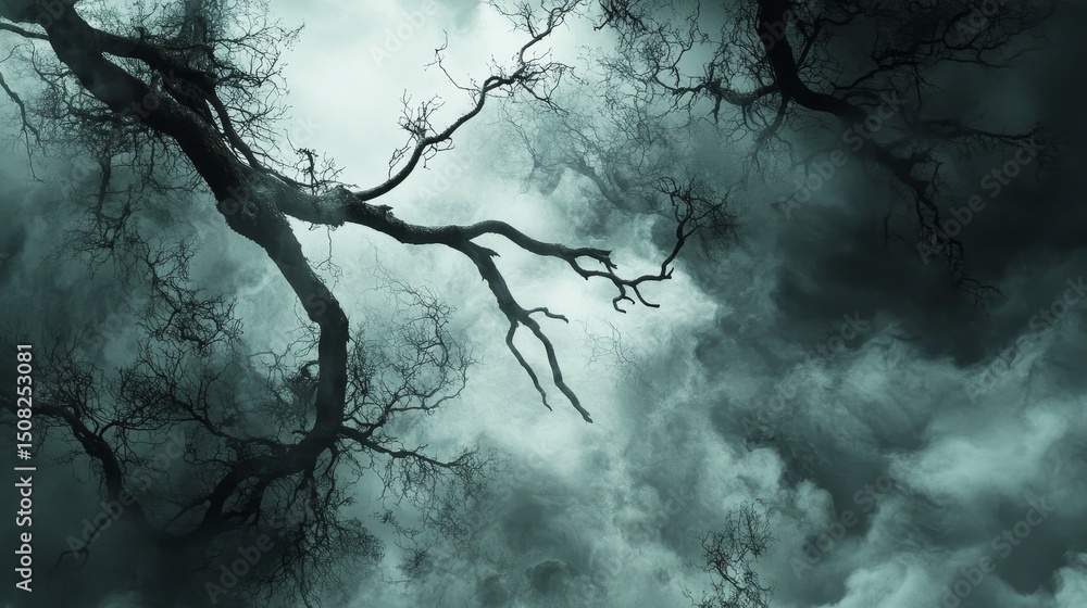Poster bare tree branches against a cloudy sky creating a dark and moody atmosphere.