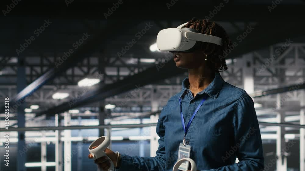 Poster engineer on data center industrial platform analyzing performance outputs using virtual reality tech